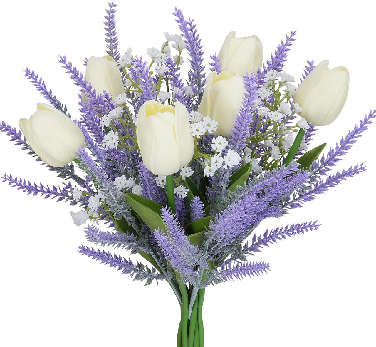 Artificial Flowers 9PCS Purple Lavender Tulip Bouquet Faux Silk Baby’s Breath Floral Arrangement Summer Wedding Home Table Centerpiece Decor